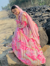 Yezwe Rose Print Georgette Maxi Dress with Cloth Belt - Modest Wear - YEZWE